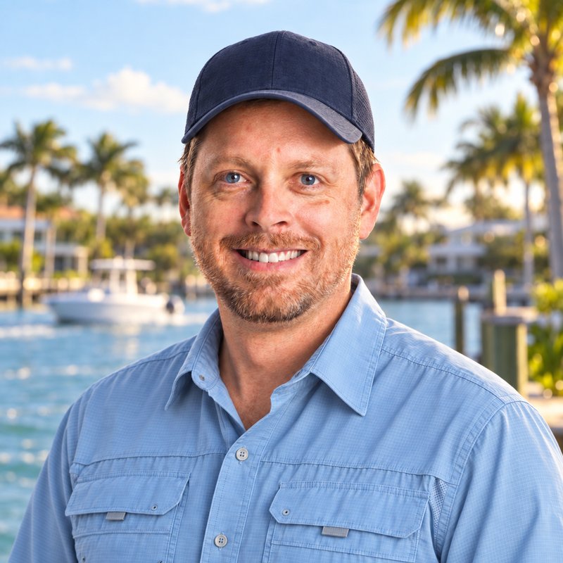 Andreas Hulsund in a navy cap by a Florida marina