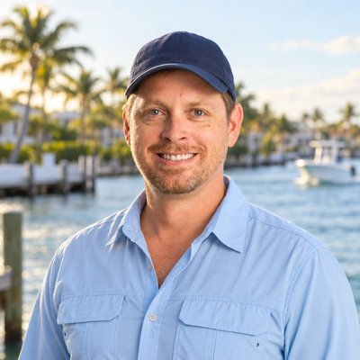 Andreas in a navy cap by a Florida marina