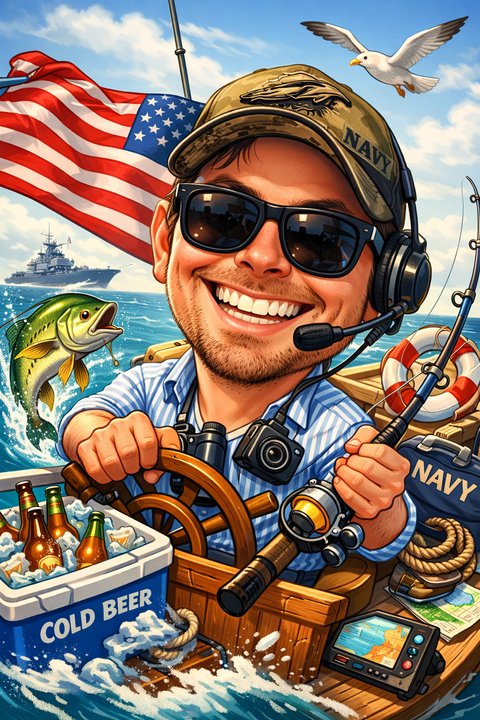 Caricature of Andreas at a boat wheel with a fishing rod, headset, Navy cap and a cooler of cold beer